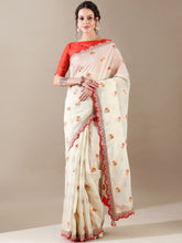 Ivory and Red Zari Border Tissue Organza Saree - House of Surya